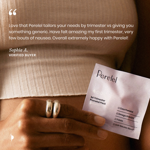 Person holding a Perel prenatal supplement packet with a quote from a verified buyer.