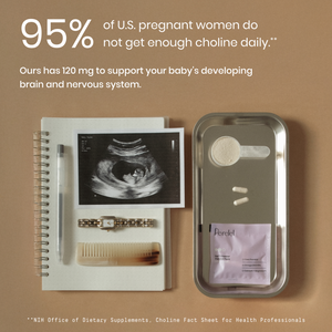 Prenatal care items including an ultrasound, comb, and Percept package on a brown background with text about choline supplementation.