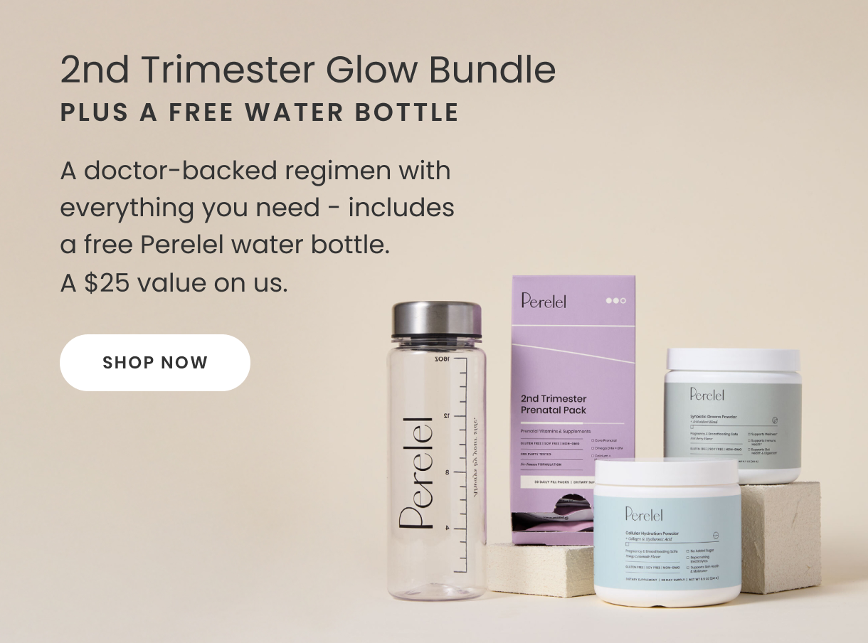 Percel 2nd Trimester Glow Bundle with free water bottle on a beige background