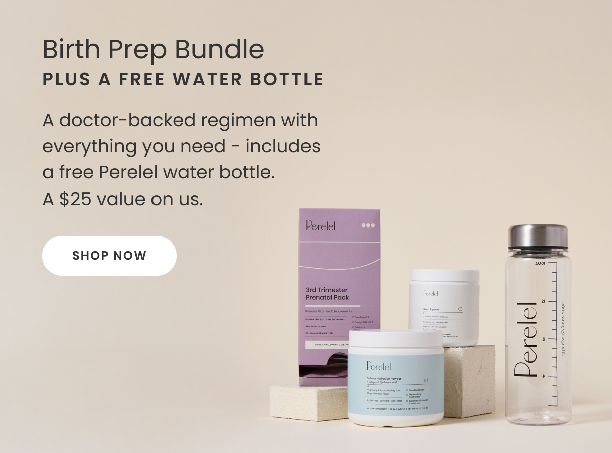 Birth Prep Bundle with containers and a water bottle on a beige background