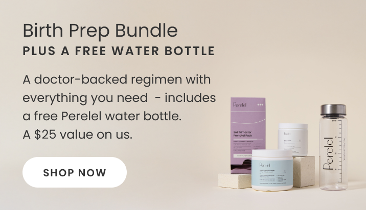 Advertisement for a Birth Prep Bundle with free water bottle on a beige background