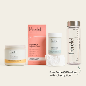 Postpartum Care Bundle: Mom Multi Support Pack, Daily Hydration, Daily Probiotic, and a Perelel bottle offered with subscription.