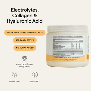 Daily Hydration jar and Supplement Facts; electrolytes, collagen, and hyaluronic acid, with no added sugar.