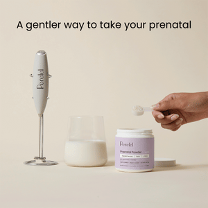 Video of vanilla prenatal vitamin powder being scooped into milk and frothed, with text that says "A gentler way to take your prenatal"