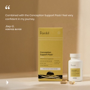 Perelel Conception Support Pack with bottle and capsules on a beige background