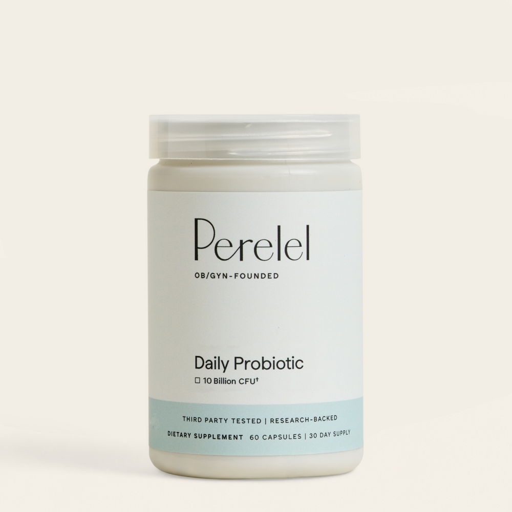 Perelel Daily Probiotic bottle on a light beige background