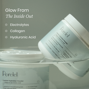 Perelel cellular hydration powder container with text highlighting ingredients on a gray background