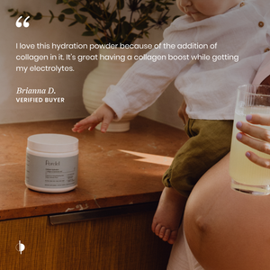 Person holding a glass of liquid next to a container on a wooden surface, with a quote from a verified buyer.