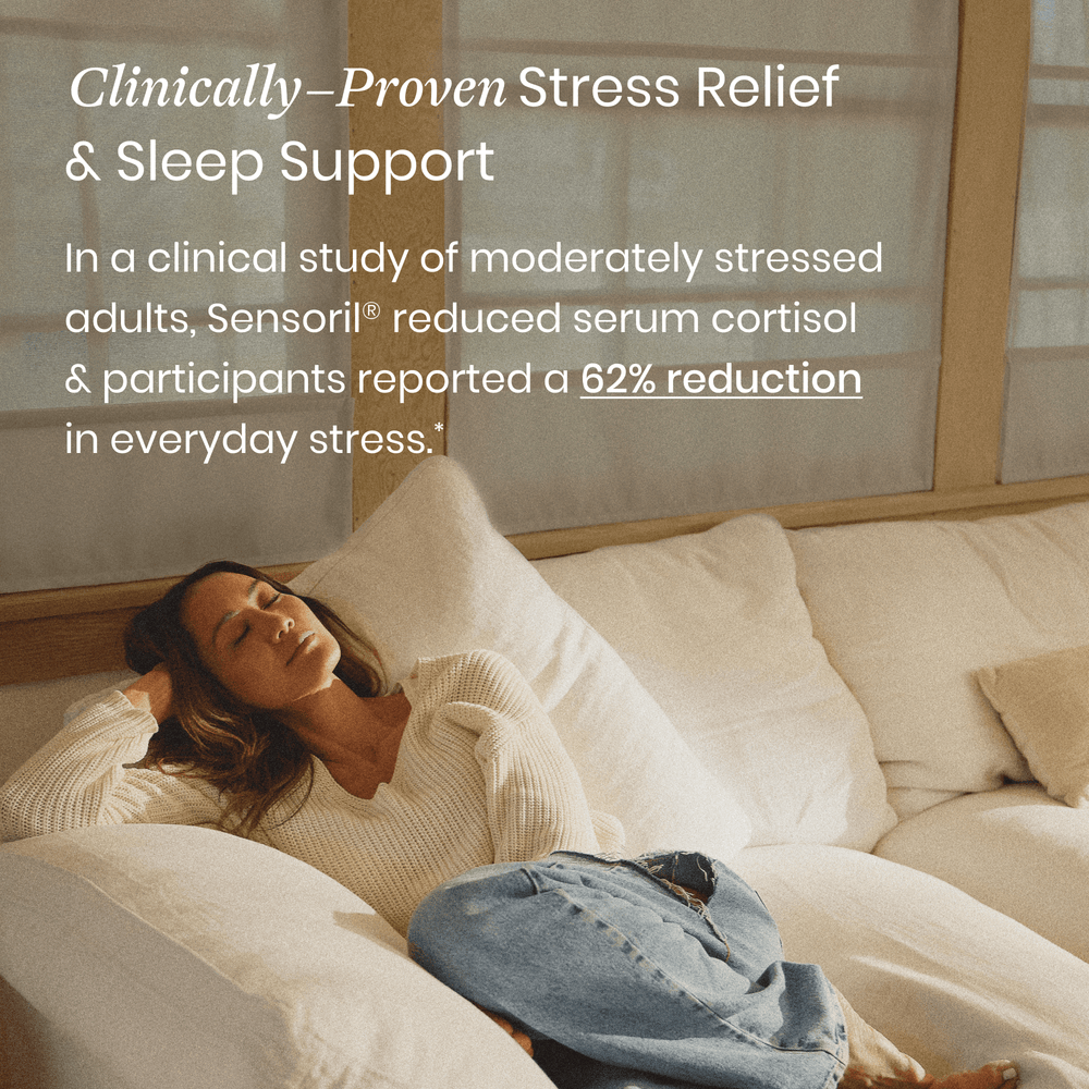 Woman lying on a couch with text about clinically proven stress relief and sleep support.