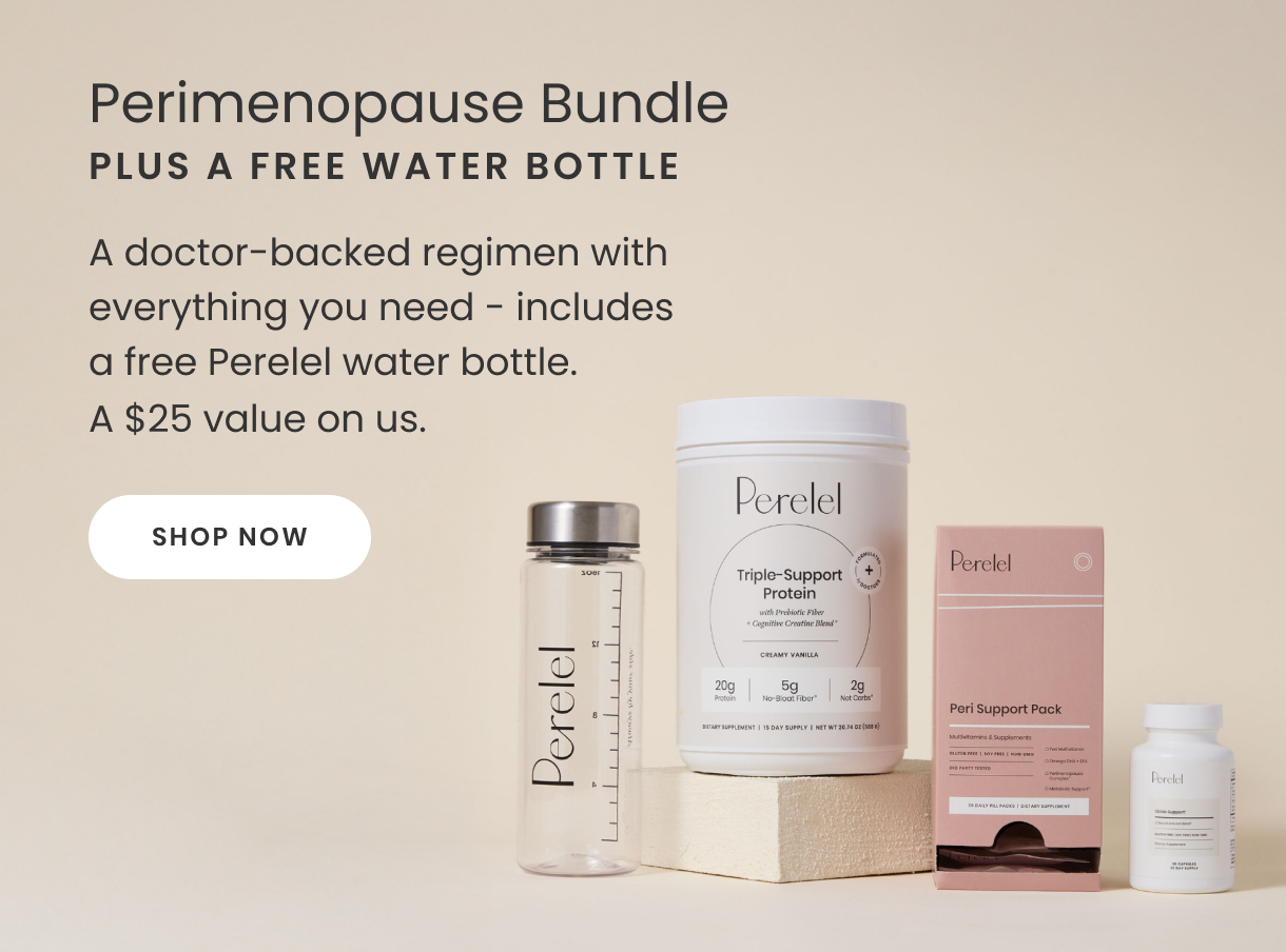 Perimenopause bundle with protein powder, support pack, and water bottle on a beige background