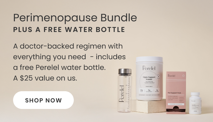 Perimenopause bundle with free water bottle on a beige background