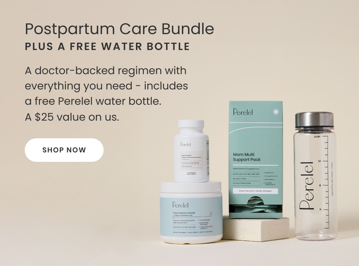 Postpartum care bundle with bottles and a box labeled 'Perelel' on a beige background.