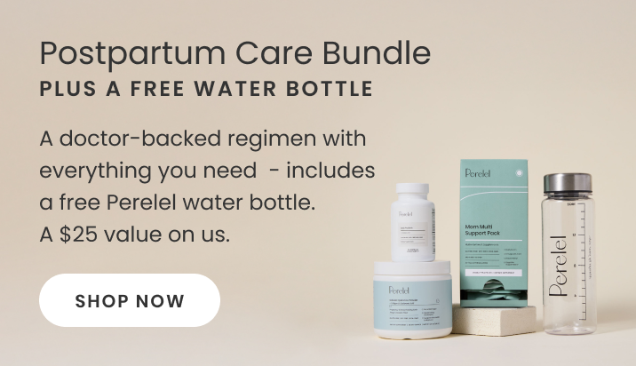 Postpartum care bundle with bottles and a water bottle on a beige background
