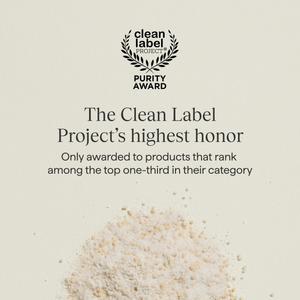 "Clean Label Project Purity Award" Badge on a warm cream background with text 'The Clean Label Project's highest honor' and 'Only awarded to products that rank among the top one-third in their category.'