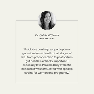 Dr. Caitlin O'Connor's testimonial about Perelel's Daily Probiotic on a light gray background
