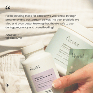 Perelel daily probiotic bottle with packaging and a hand holding it, with a customer review above.