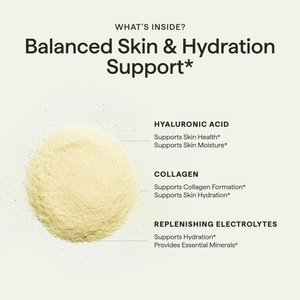 Daily Hydration powder ingredients: hyaluronic acid, collagen, and replenishing electrolytes for skin and hydration support.