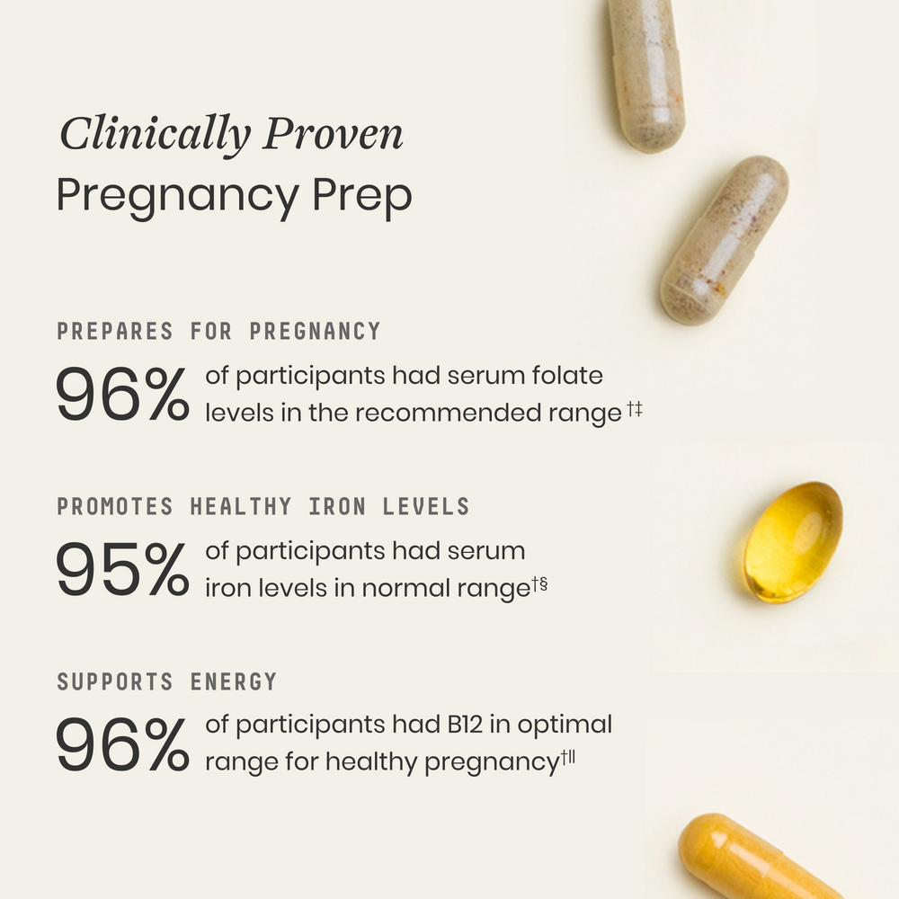 Vitamins on a light background with text about pregnancy preparation.