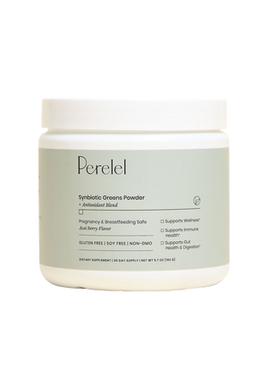 Perelel synbiotic greens powder container on a transparent background