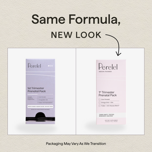 1st Trimester Prenatal Pack: previous and updated packaging side by side. Same formula, new look; packaging may vary during the transition.