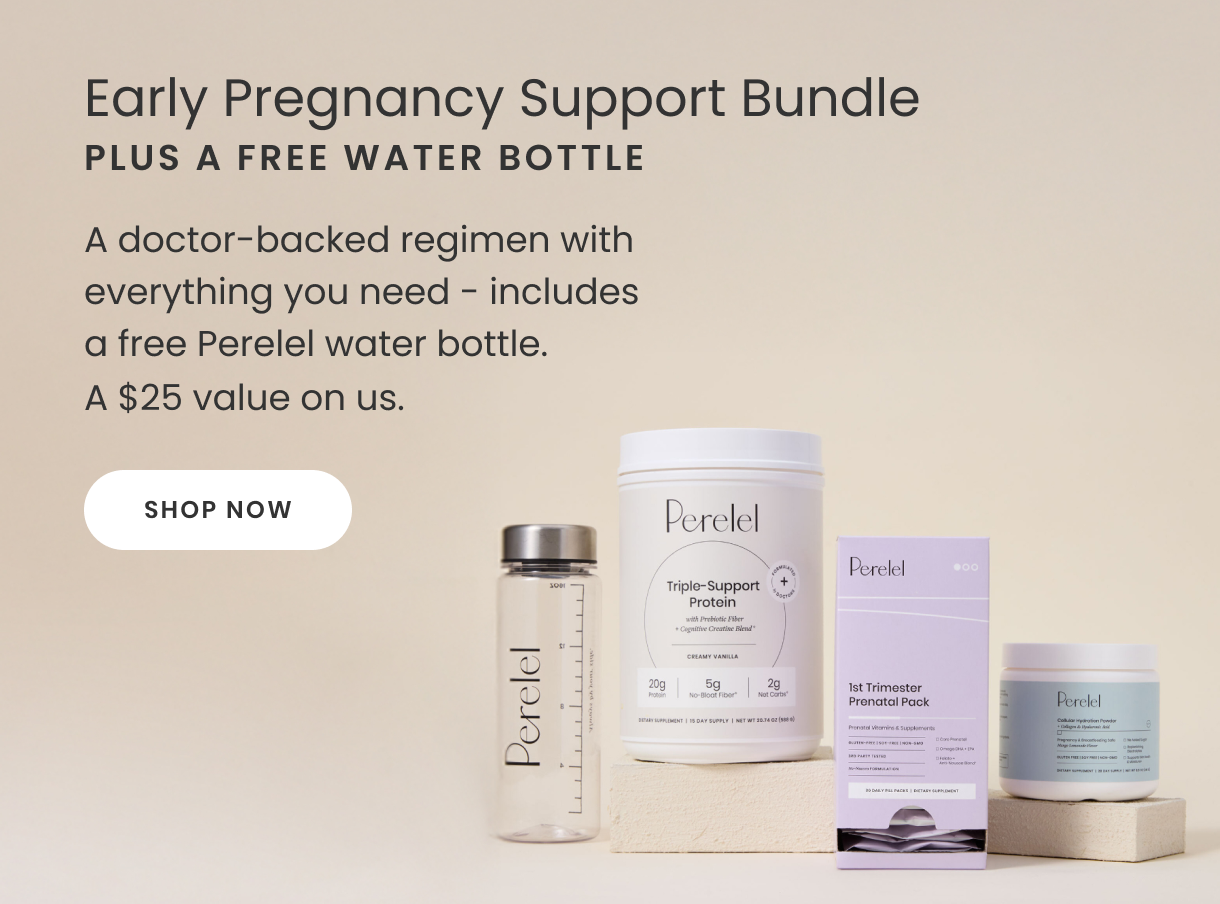 Perelel early pregnancy support bundle with water bottle on beige background