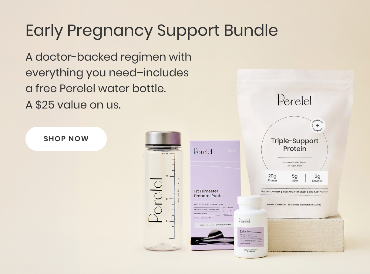 Perelel early pregnancy support bundle with water bottle, protein package, and other items on a beige background.