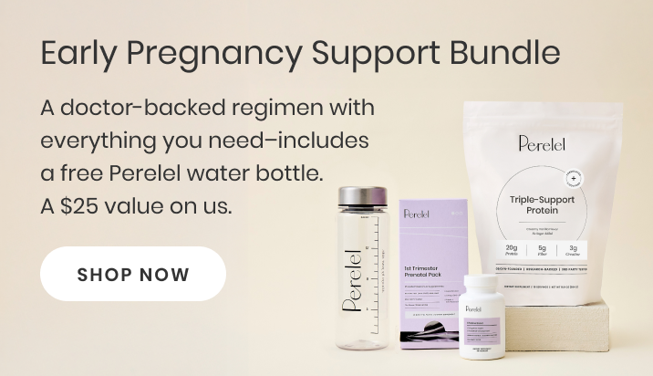 Perelel early pregnancy support bundle with water bottle, protein powder, and other items on a beige background.