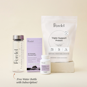 Perelel protein products including a bottle, box, and bag on a beige background