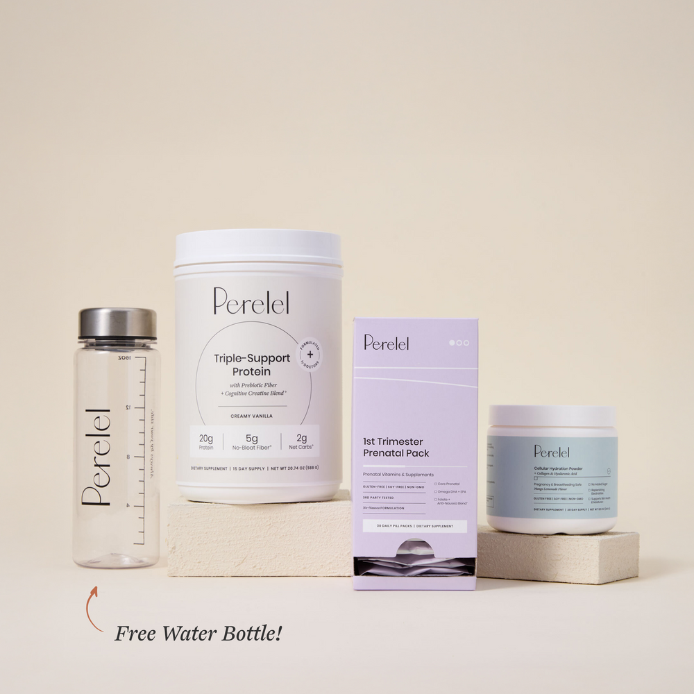 Perelet product lineup including a water bottle, protein powder container, and prenatal pack on a beige background.