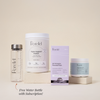 Perelel protein products including a water bottle, protein powder container, and prenatal pack on a beige background.