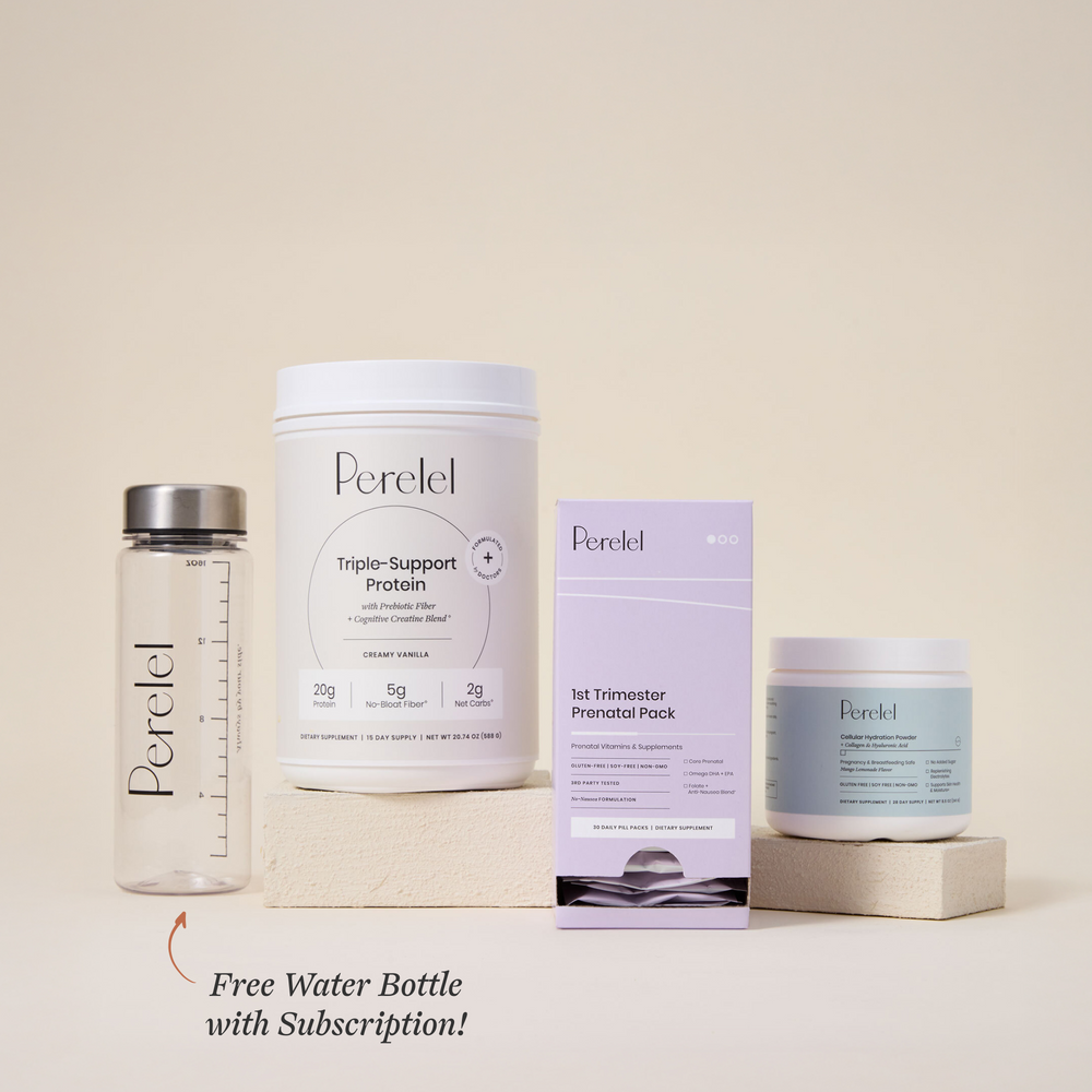 Perelel protein products including a water bottle, protein powder container, and prenatal pack on a beige background.