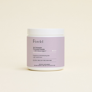 Perelel prenatal powder container on a beige background