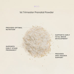 1st Trimester Prenatal Powder with benefits listed on a beige background