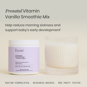 Perelel prenatal vitamin powder container with a glass on a light background