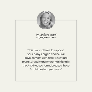 Dr. Amber Samuel with a quote about prenatal vitamins on a light gray background