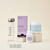Perelel prenatal products including a water bottle, box, and containers on a beige background.