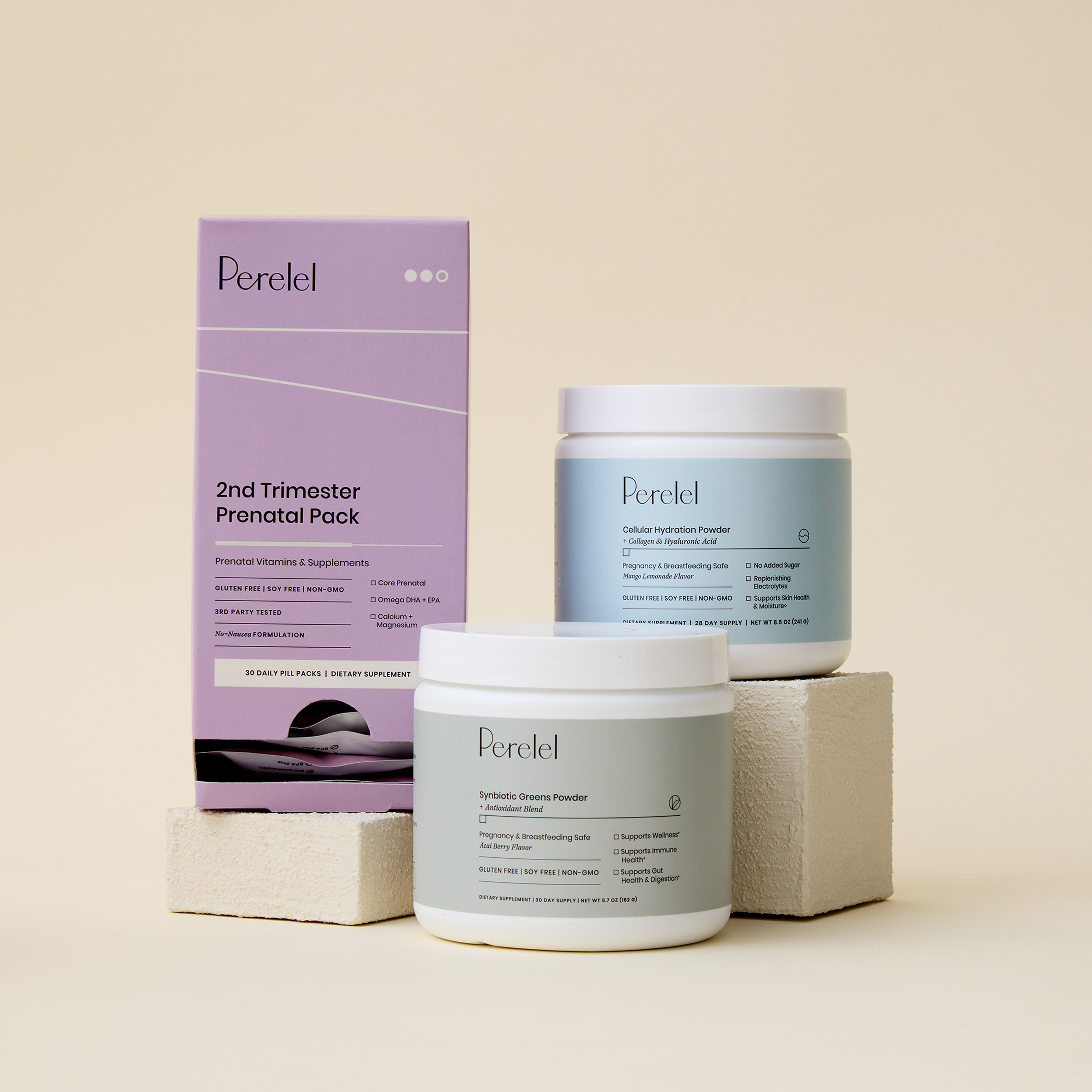 2nd trimester pack, cellular hydration tub, and greens powder tub