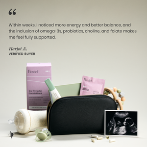 Pregnancy care products including a box labeled 'perelel' and an ultrasound photo on a neutral background.