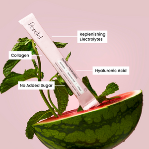 Cellular Hydration product with watermelon and text labels on a pink background