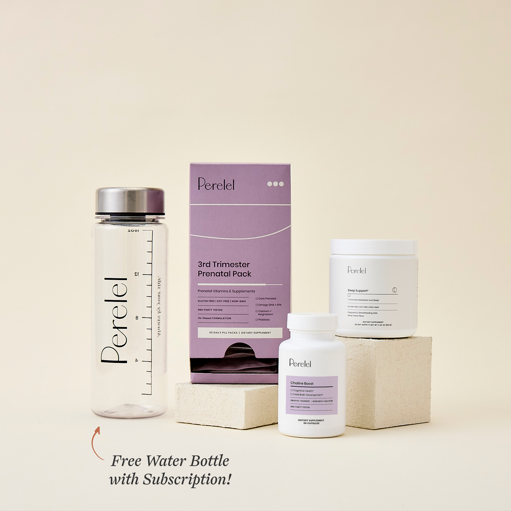 Perelel product packaging including a water bottle, box, and containers on a beige background