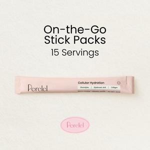 Perelel on-the-go stick pack for cellular hydration with text indicating 15 servings on a light gray background.
