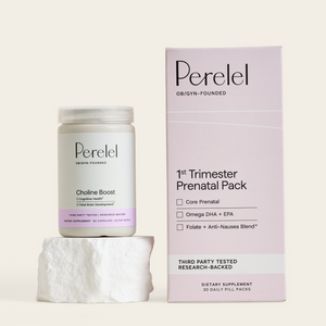 1st Trimester Brain Boost Duo: 1st Trimester Prenatal Pack box and Choline Boost jar.