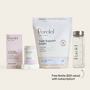 Early Pregnancy Support Bundle: 1st Trimester Prenatal Pack, Choline Boost, Triple-Support Protein, and a Perelel bottle offered with subscription.