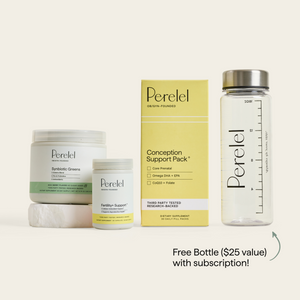 Fertility Foundation Bundle: Conception Support Pack, Synbiotic Greens Powder, Fertility+ Support, and a Perelel bottle offered with subscription.