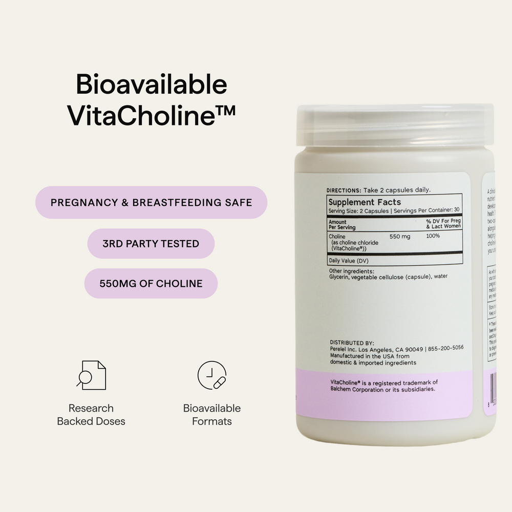 Choline Boost bottle and Supplement Facts; 550 mg of choline as VitaCholine, third-party tested, and labeled for pregnancy and breastfeeding.