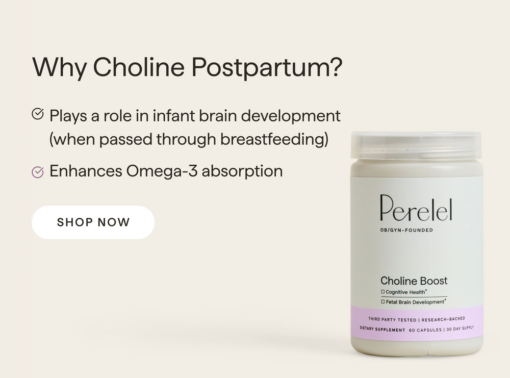 Why choline postpartum? Supports infant brain development through breastfeeding and enhances omega-3 absorption. Shop Choline Boost.