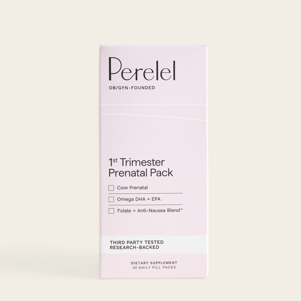Perelel 1st Trimester Prenatal Pack box on a light beige background