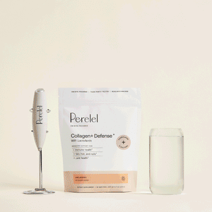 Collagen+ Defense pouch beside a glass of mixed powder and a handheld frother.