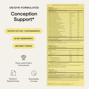 Conception Support Pack Supplement Facts and testing information; 23 key ingredients, third-party tested for over 100 contaminants.