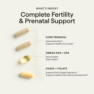 Conception Support Pack contents: Core Prenatal, omega DHA + EPA, and CoQ10 + folate capsules.